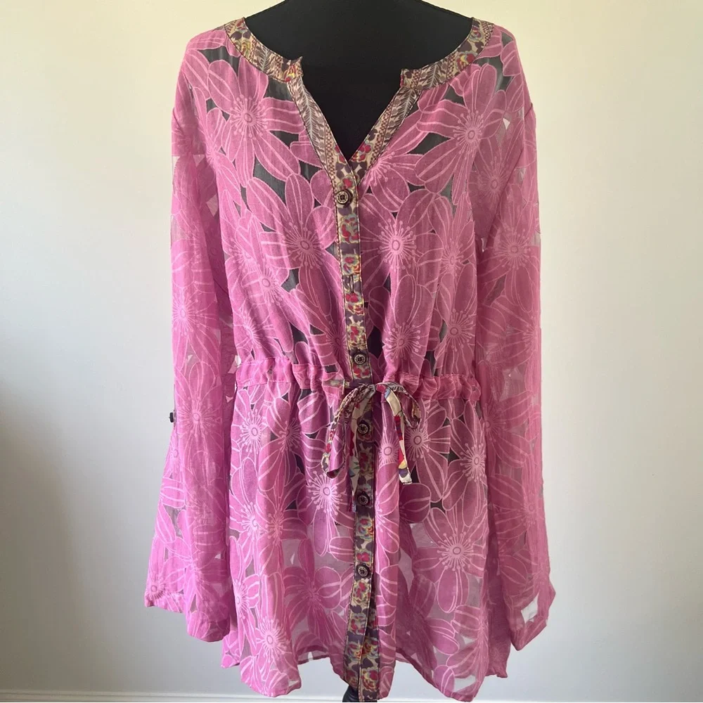 Nick & Mo Sheer Pink Floral Cover Up Tie Waist Boho Beach Large - Picture 2 of 10